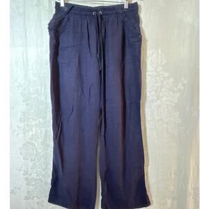 Ci Sona Pull On Pants XL Navy Blue Linen Blend Wide Leg Button Detail Pockets